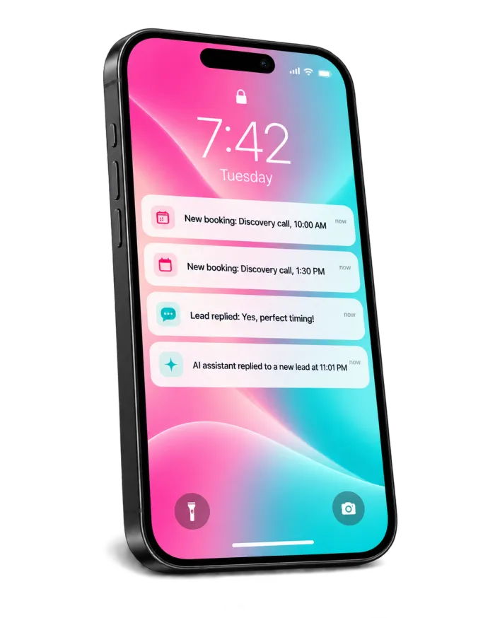 A phone lock screen on Tuesday morning showing two new bookings, a lead reply and an AI assistant reply