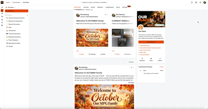 Our Place private community platform screenshot featuring the left navigation menu, discussions, events, learning, and team channels.