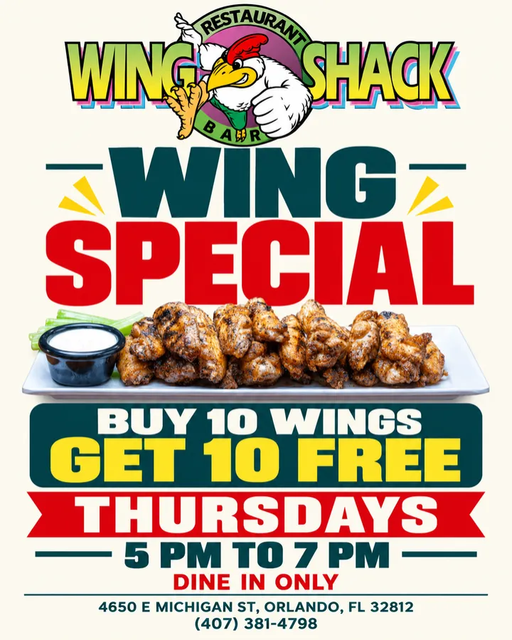 Wing special: buy 10 wings, get 10 free, Thursdays 5pm to 7pm, dine in only