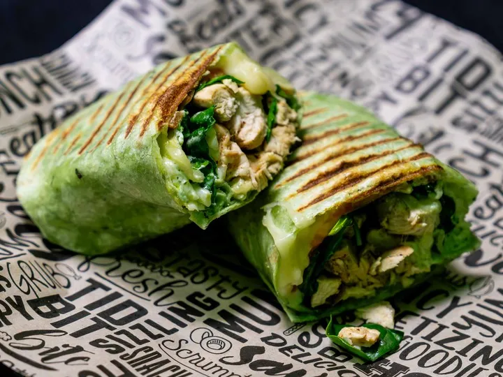 Pesto Chicken wrap, panini pressed, at Be Fit Cafe Powell