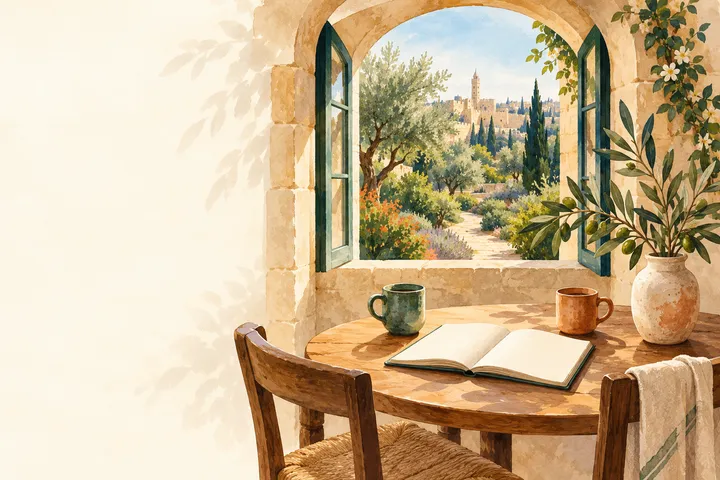 Illustration of a study table with an open book beside an open window