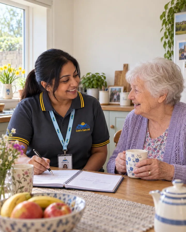 A carer and an older woman talking over a cup of tea at a kitchen table