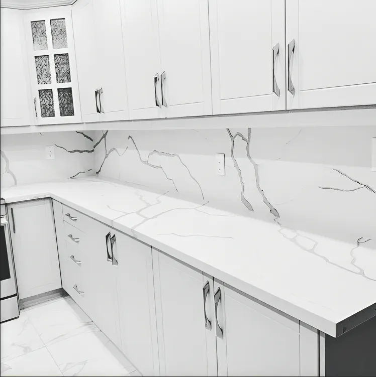 White kitchen with marble-look slab backsplash and black hardware