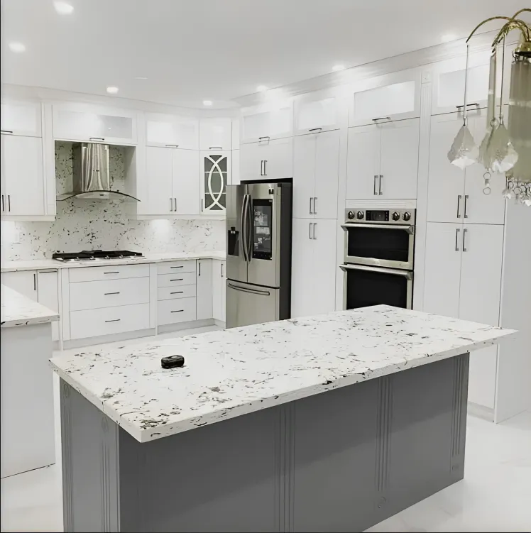 Two-tone kitchen with grey island, granite counter and stainless appliances