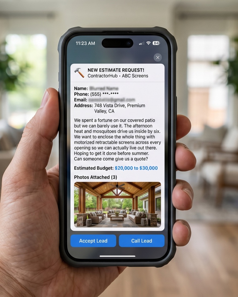 A pre-sold homeowner's estimate request landing on an installer's phone, budget $20,000 to $30,000