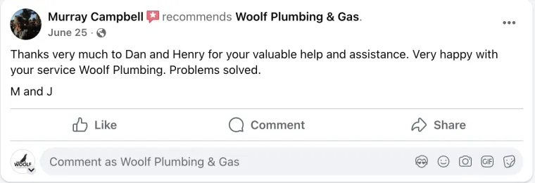 Facebook review from Murray Campbell recommending Woolf Plumbing & Gas