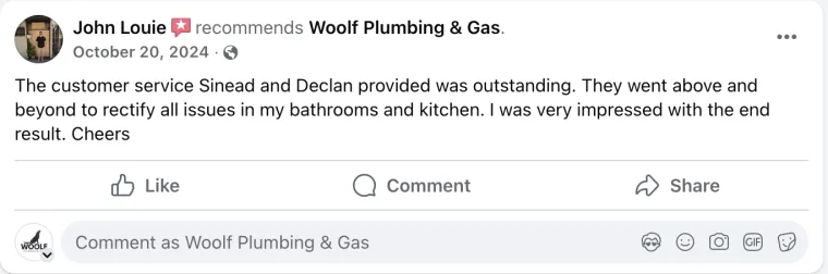 Facebook review from John Louie recommending Woolf Plumbing & Gas
