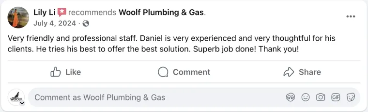 Facebook review from Lily Li recommending Woolf Plumbing & Gas