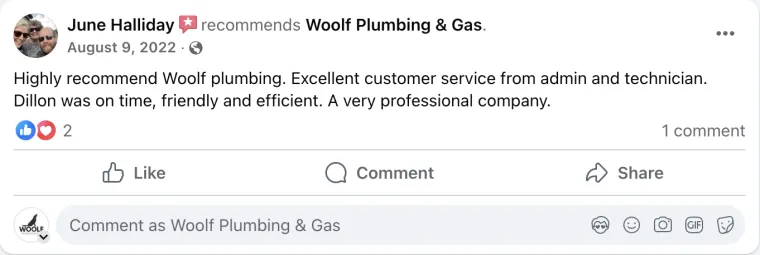 Facebook review from June Halliday recommending Woolf Plumbing & Gas