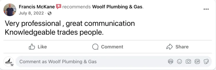 Facebook review from Francis McKane recommending Woolf Plumbing & Gas
