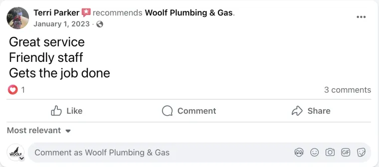 Facebook review from Terri Parker recommending Woolf Plumbing & Gas