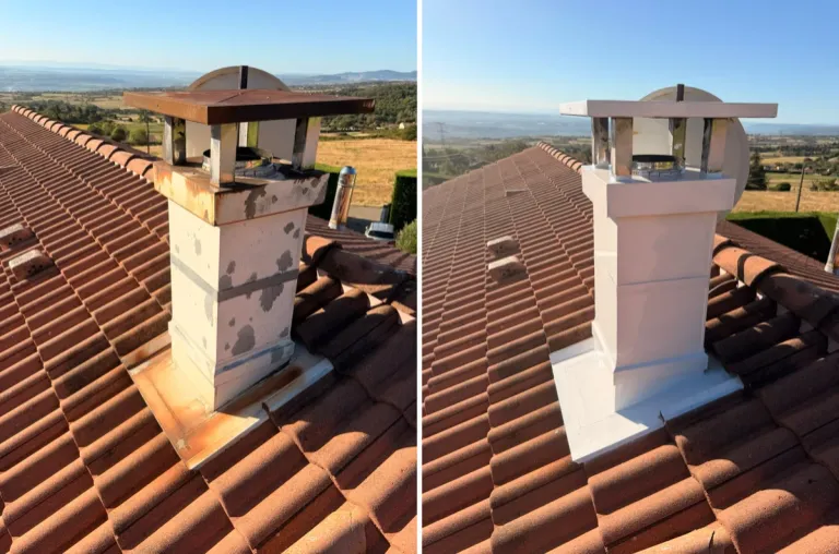Zinguerie abergement et chapeau de cheminée avant et après rénovation Isère