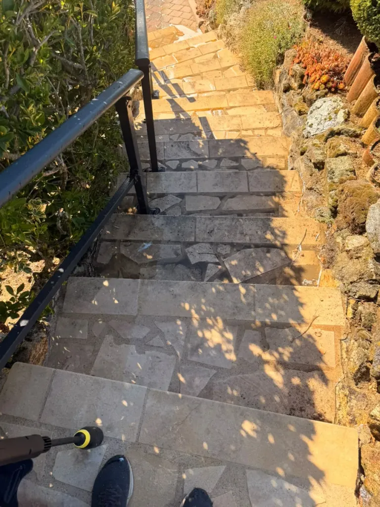 Nettoyage terrasse à Beaurepaire, escalier extérieur en pierre en cours de nettoyage