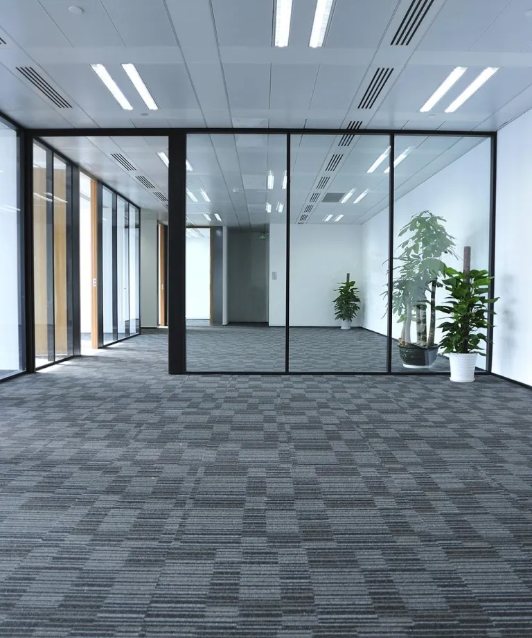 Bright open office with glass partitions and checkered grey carpet tiles