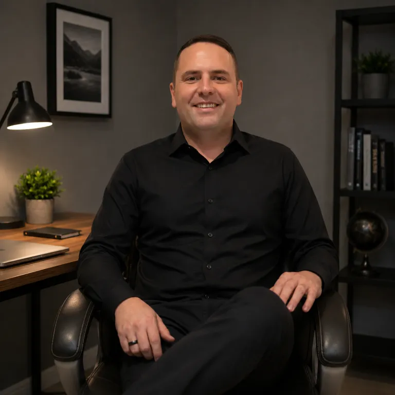 Enda O'Shea, sports hypnotist, at his desk