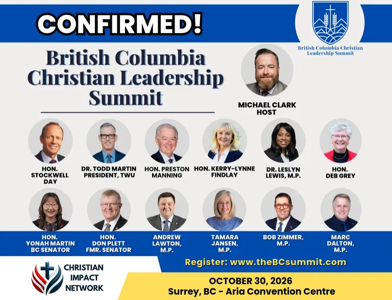 British Columbia Christian Leadership Summit poster with the original event details; the event is postponed to early 2027.