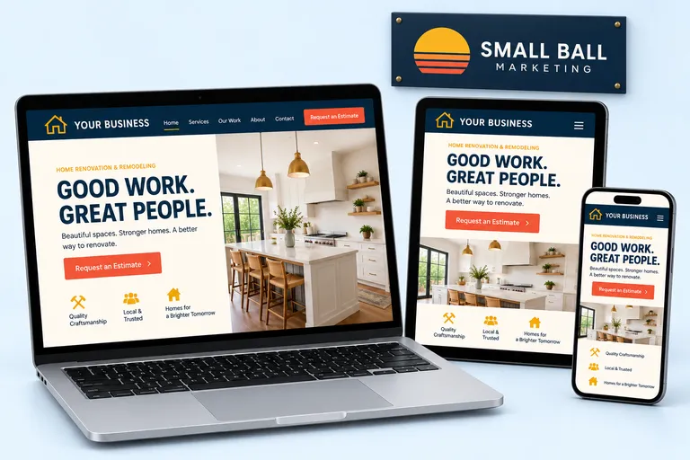 A website displayed on a laptop, tablet, and phone, with a Small Ball Marketing sign in the background