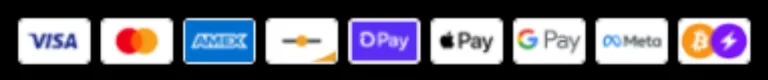 Visa, Mastercard, American Express, Discover, PayPal, Apple Pay, Google Pay, Meta Pay and crypto accepted