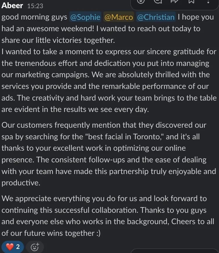 Client message — thrilled with the ad performance