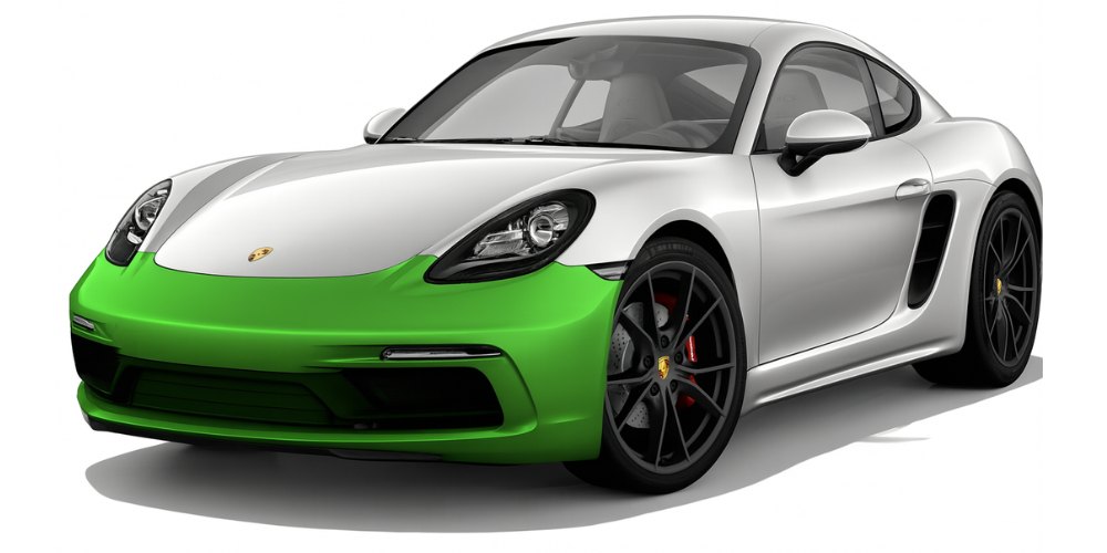 Diagram showing front bumper paint protection film coverage on a Porsche