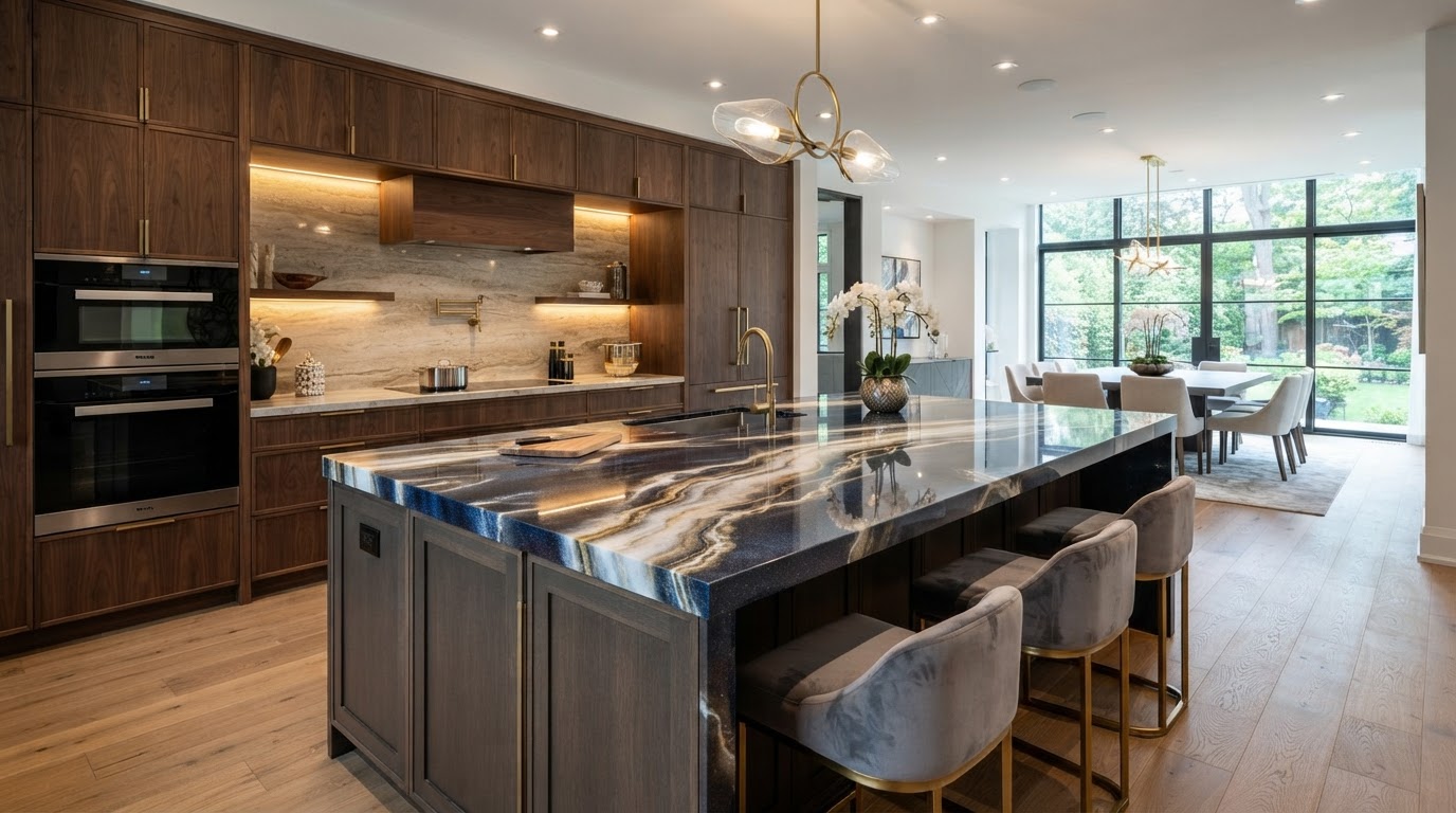 Custom-poured resin countertop with metallic veining by CTC Design & Renovation