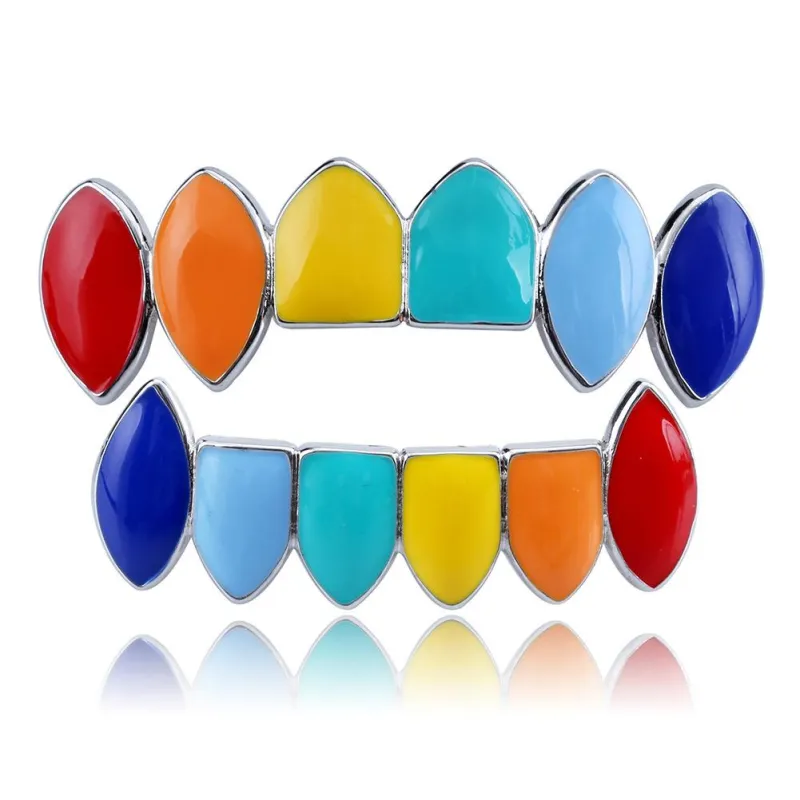 HALLOWEEN HOT PERSONALITY TRENDY GOLD PLATED - COLOURFUL GLOSSY SHARP TEETH GRILLS