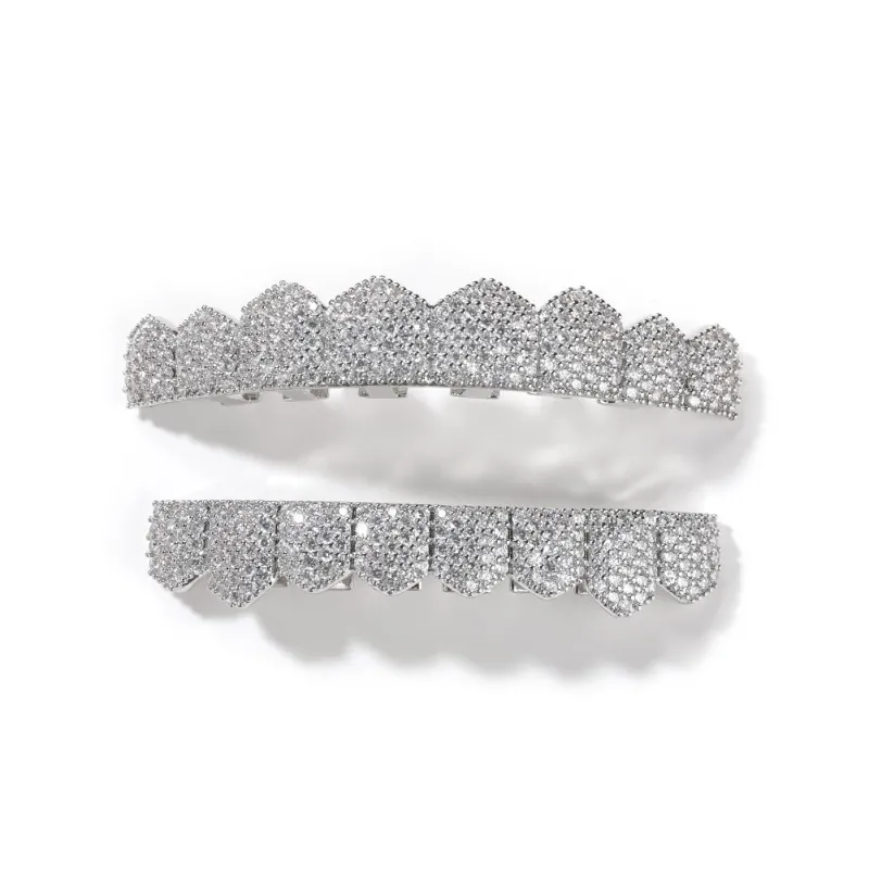 HIGH- END LUXURY ICED OUT TOP&BOTTOM 5A CZ STONES  TEETH GRILLS- PUNK RAPPER 24K GOLD