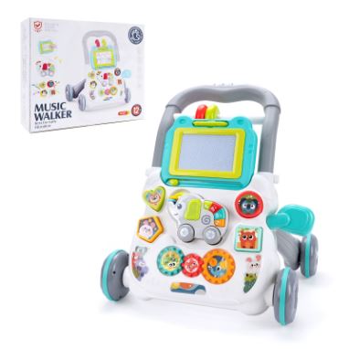 Baby Push Walker Toy with Music & Drawing Board Multifunction Learning Activity Walker for Toddlers