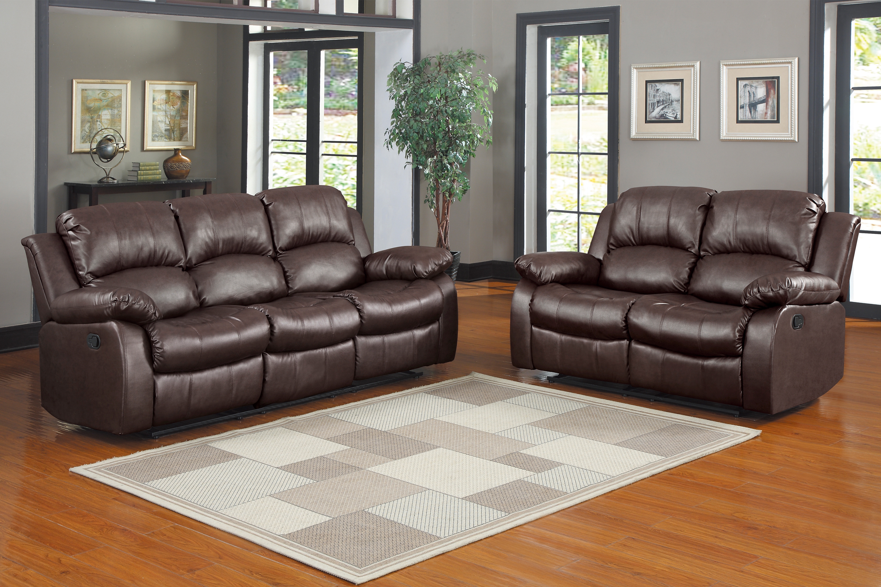 Cranley 2-Piece Brown Faux Leather Reclining Sofa & Loveseat Set