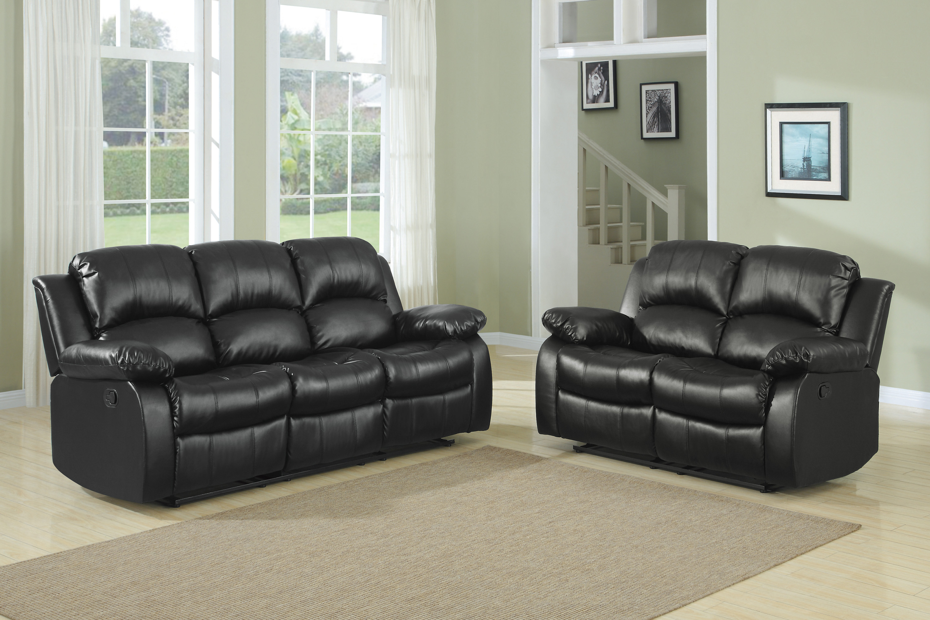 Cranley 2-Piece Black Faux Leather Reclining Sofa & Loveseat Set