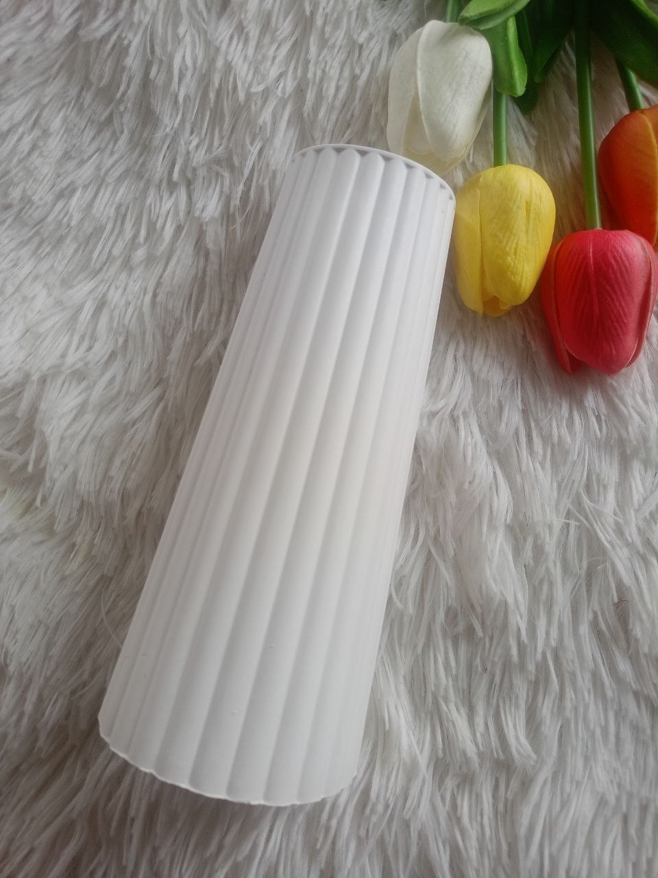   Handmade Gypsum Flower Vase - White Ceramic Look - Minimalist & Tall Ribbed Showpiece for Home Decor - 7 Inch