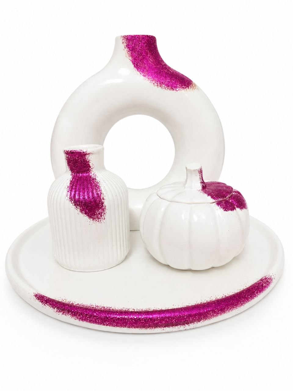 Premium White & Pink Glitter Gypsum Decor Set – Modern Handmade Home Decoration (4-Piece Set)