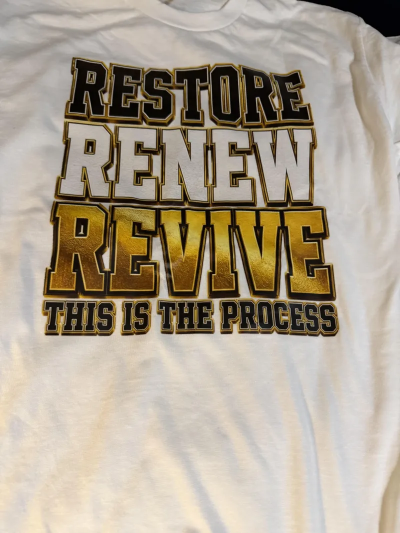 $25 Restore Renew Revive Legacy Edition Tee – White & Gold