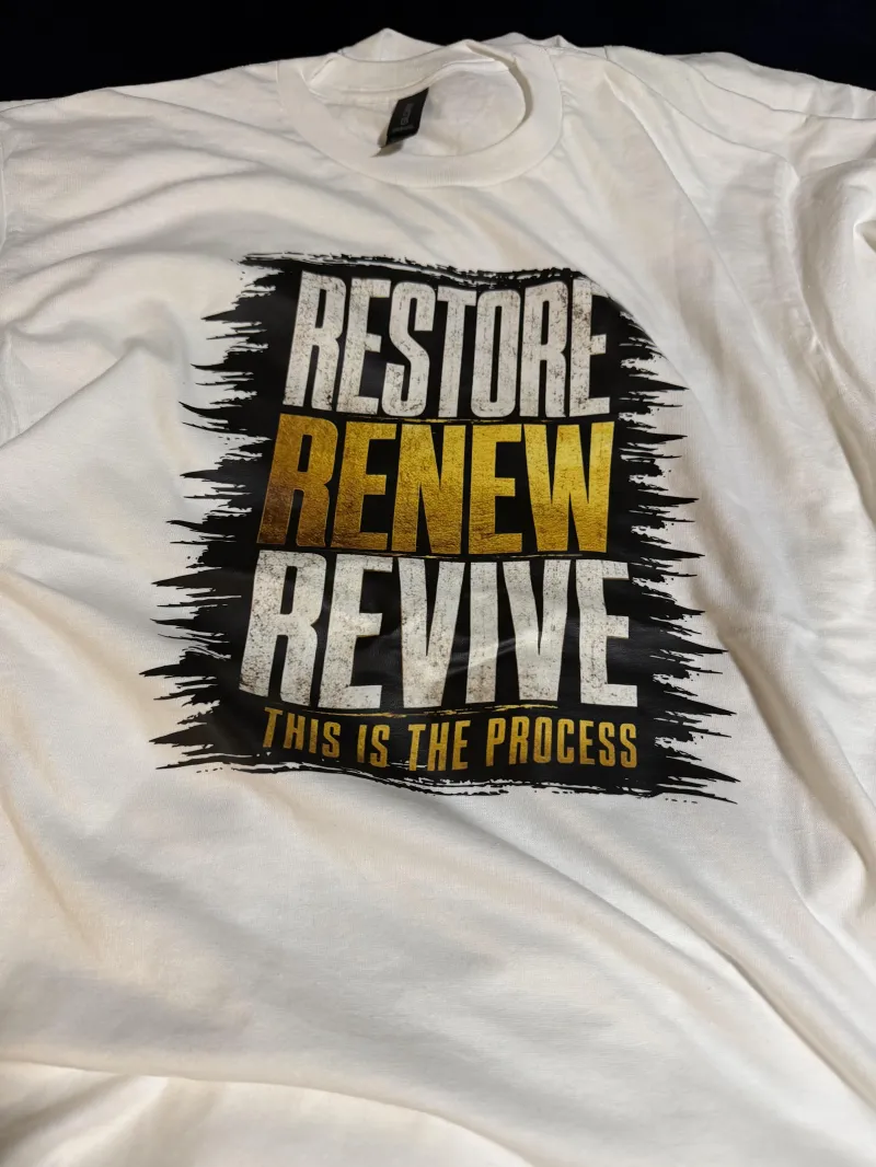 $25 Restore Renew Revive Brushstroke Legacy Tee – White Edition