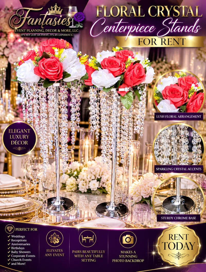 Floral Crystal Centerpiece Stands – Elegant Event Décor Rental