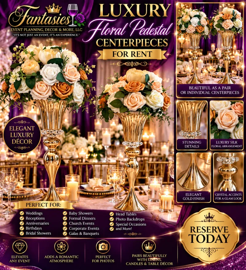 Luxury Gold Floral Pedestal Centerpiece Rental