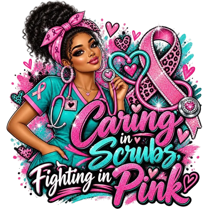  🩺💖 "CARING IN SCRUBS. FIGHTING IN PINK."  BREAST CANCER SUPPORT NURSE LIFE PNG 