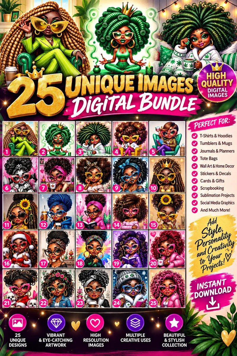 👑 25 Unique Black Girl Digital Image Bundle