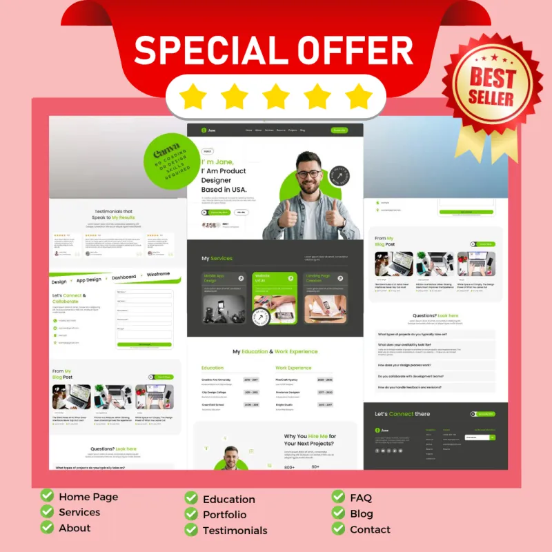 Light Green Personal Portfolio Canva Website Template | Editable One Page Portfolio Landing Page
