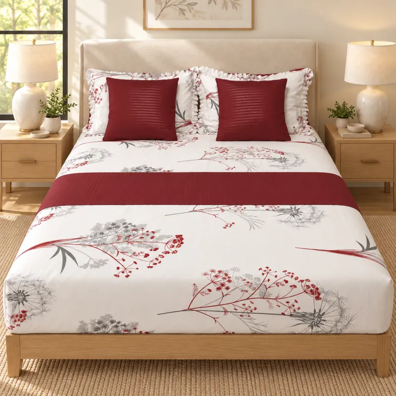 Burgundy Botanical Queen Bedsheet Set – 8 Pieces