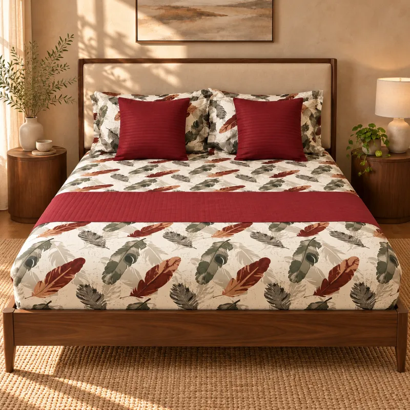Autumn Feather Queen Bedsheet Set – 8 Pieces