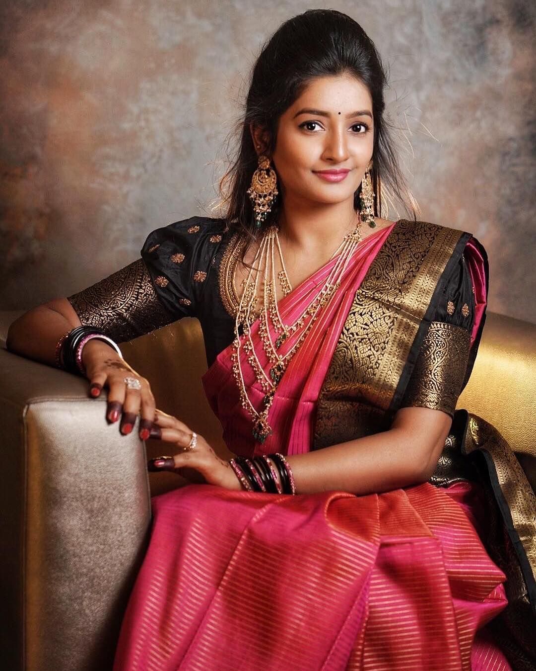 Pink & Black Kanchipuram Silk Saree