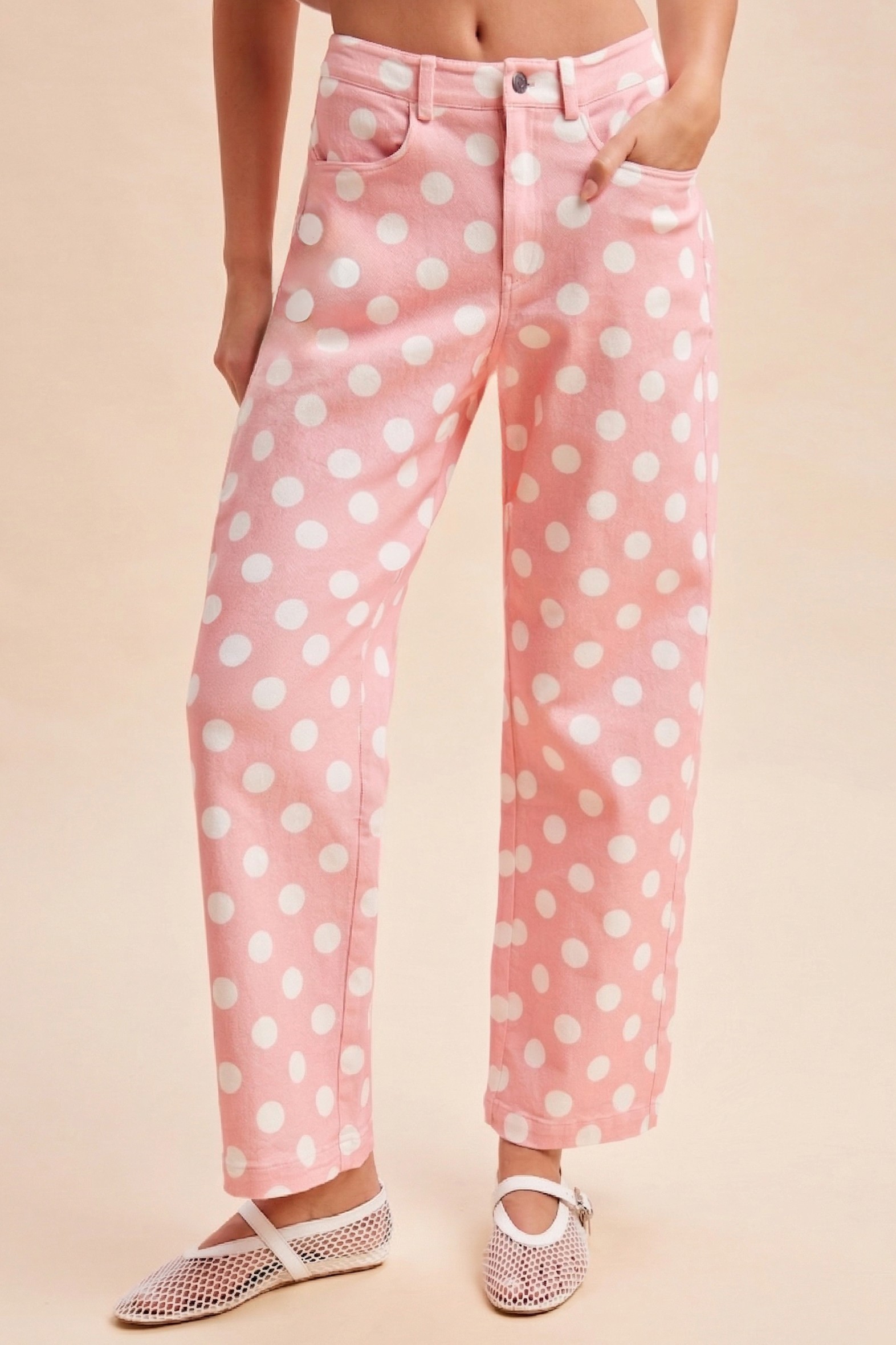 Polka Dot Print Cotton Twill Wide Straight Leg Pants