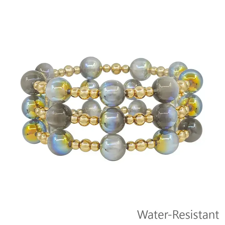 Set of 3 Gold Beaded with Grey "Candy" 10mm Beaded Stretch Bracelets