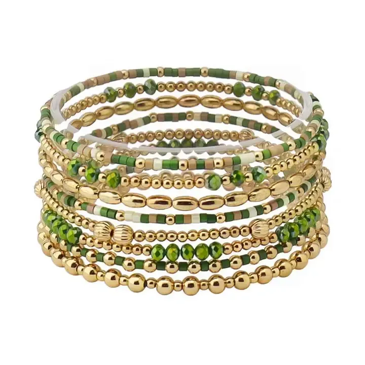 Set of 8 Green Seed Bead & Crystal and Gold Stretch Bracelet