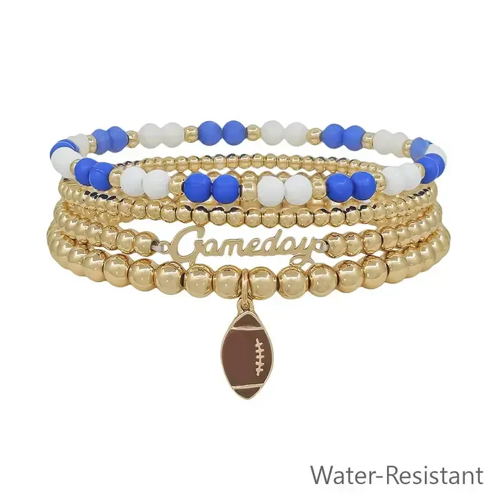Water Resistant with Gold Gameday and Football Charm Stretch Bracelet Set