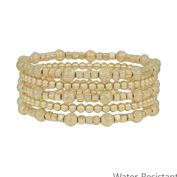 Water Resistant Gold Beaded with Cross Set of 5 Stretch Bracelets