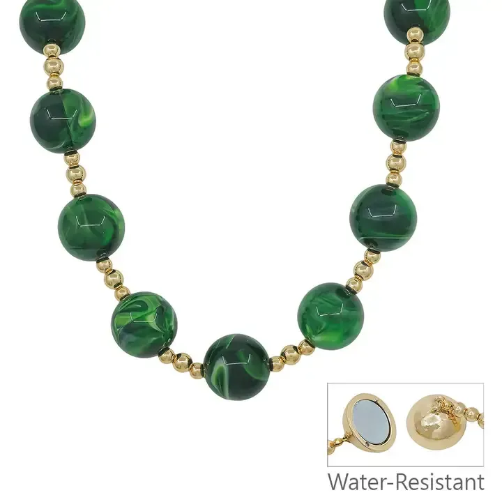 Water Resistant Gold and 20mm Large Beaded Emerald Green Magnetic Closure Necklace
