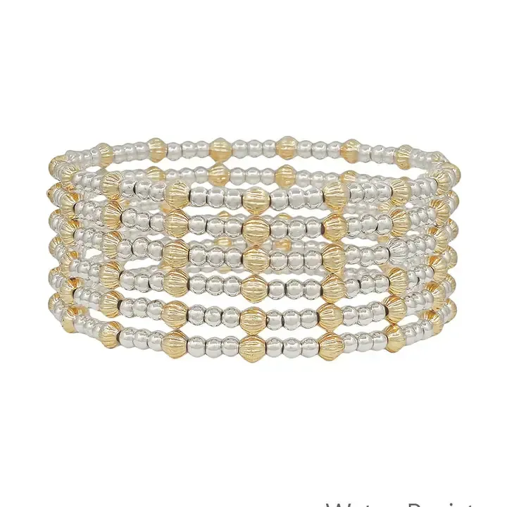 Water Resistant Set of 6 4mm and 3mm Gold and Silver Beaded Stretch Bracelets