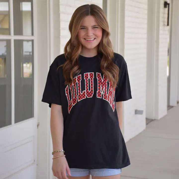 LULU MAC Red/Black Checkered Adult Black Comfort Colors Tee